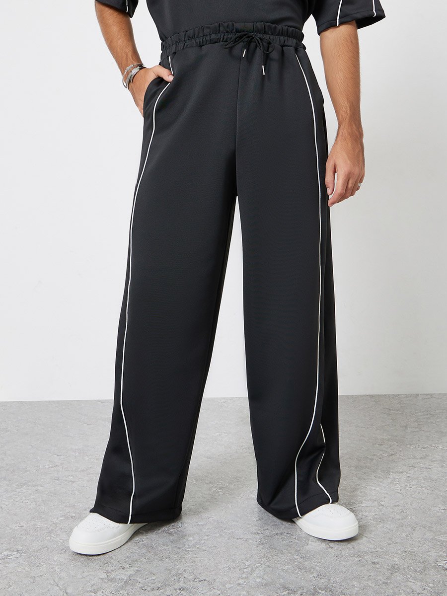 Men Black Oversized Piping Detail T-Shirt and Pants Co-Ords