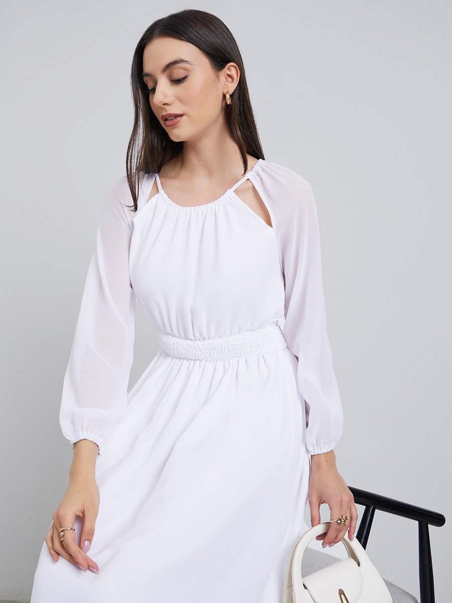 White Chiffon Smocked Waist Midi Dress