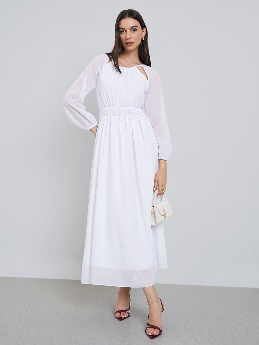 White Chiffon Smocked Waist Midi Dress