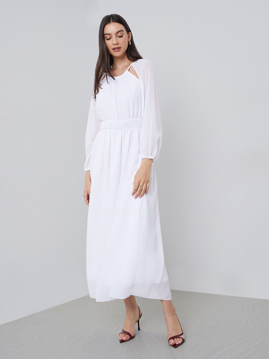 White Chiffon Smocked Waist Midi Dress