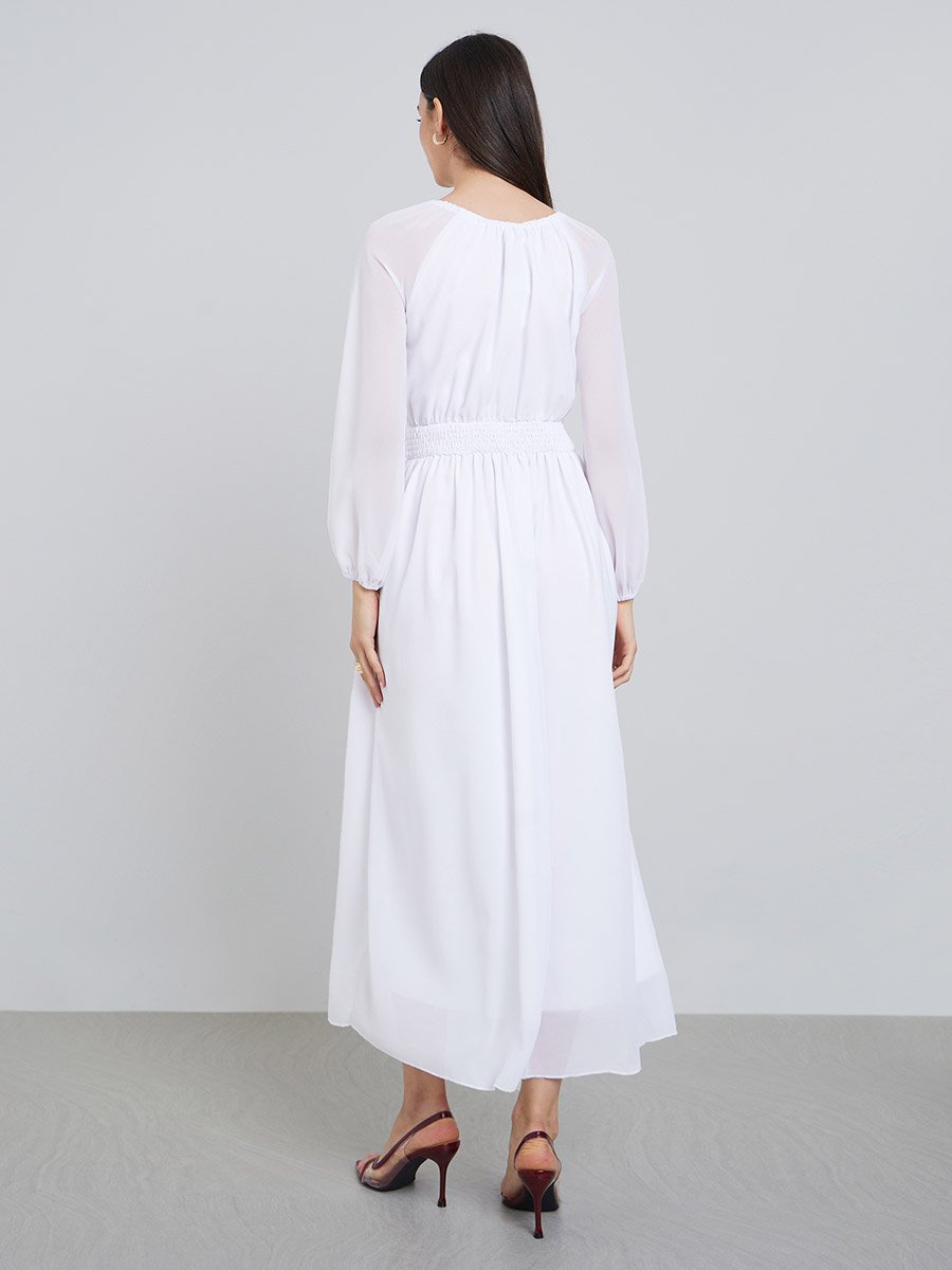White Chiffon Smocked Waist Midi Dress