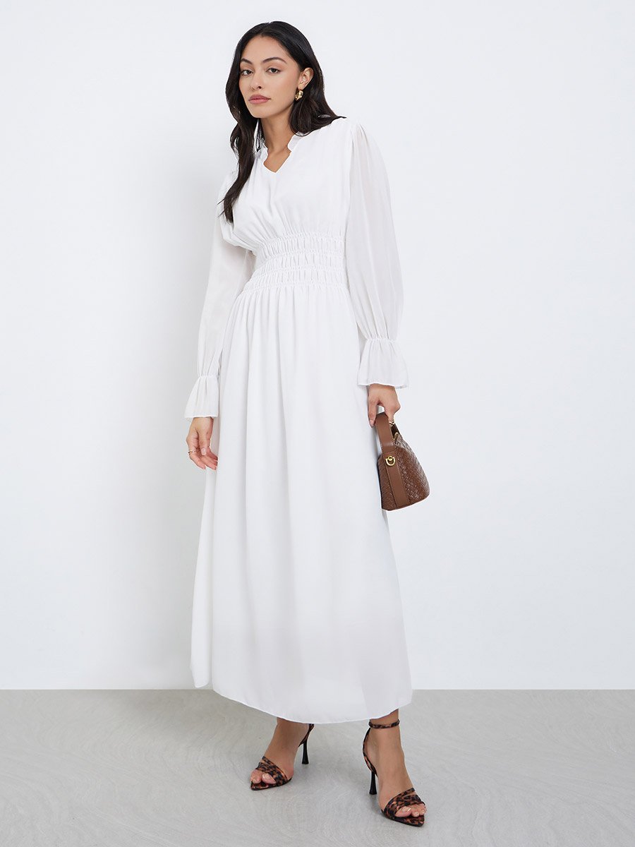 White Smocked Waist Midi Dress