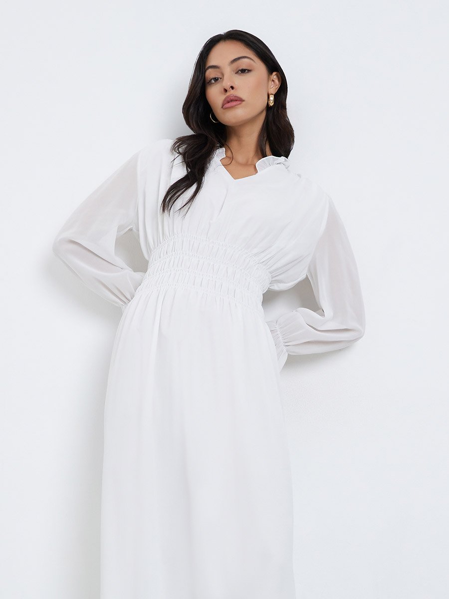 White Smocked Waist Midi Dress
