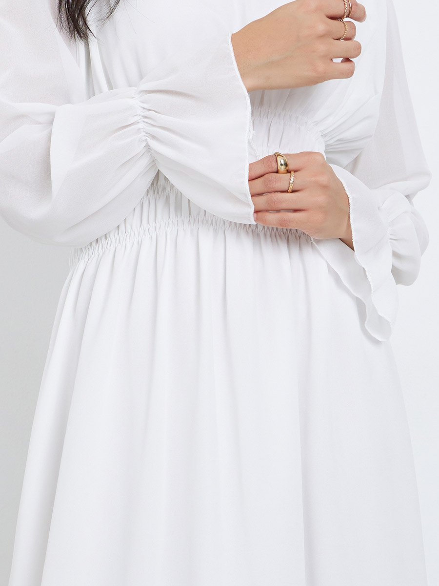 White Smocked Waist Midi Dress