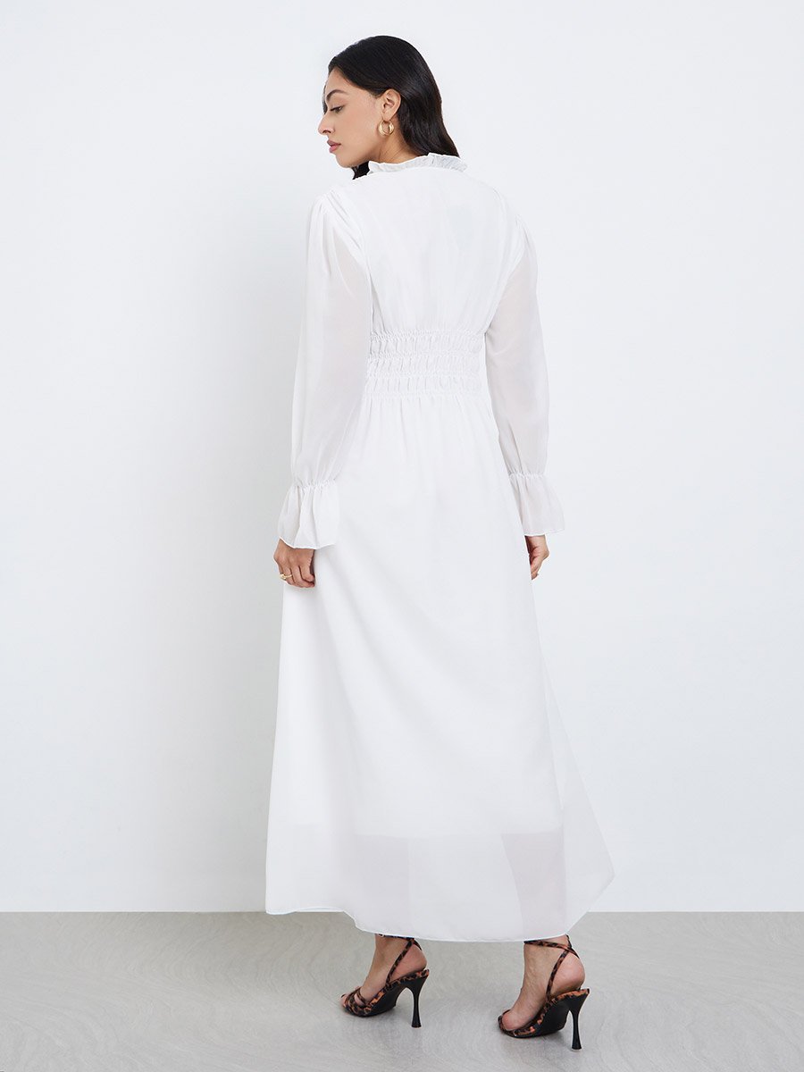 White Smocked Waist Midi Dress