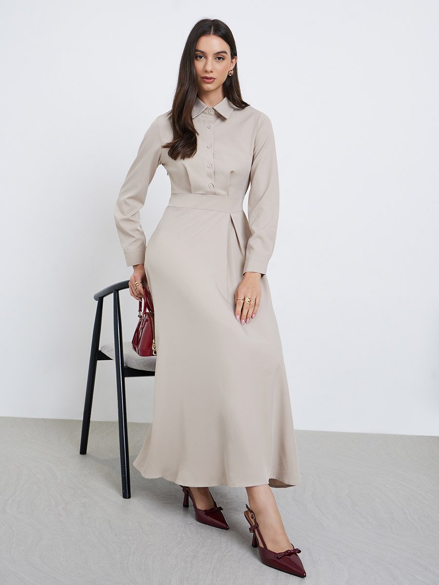 Beige Shirt A-Line Midi Dress For Women at UAE | Styli Beige Shirt A-Line Midi Dress For Women at UAE | Styli