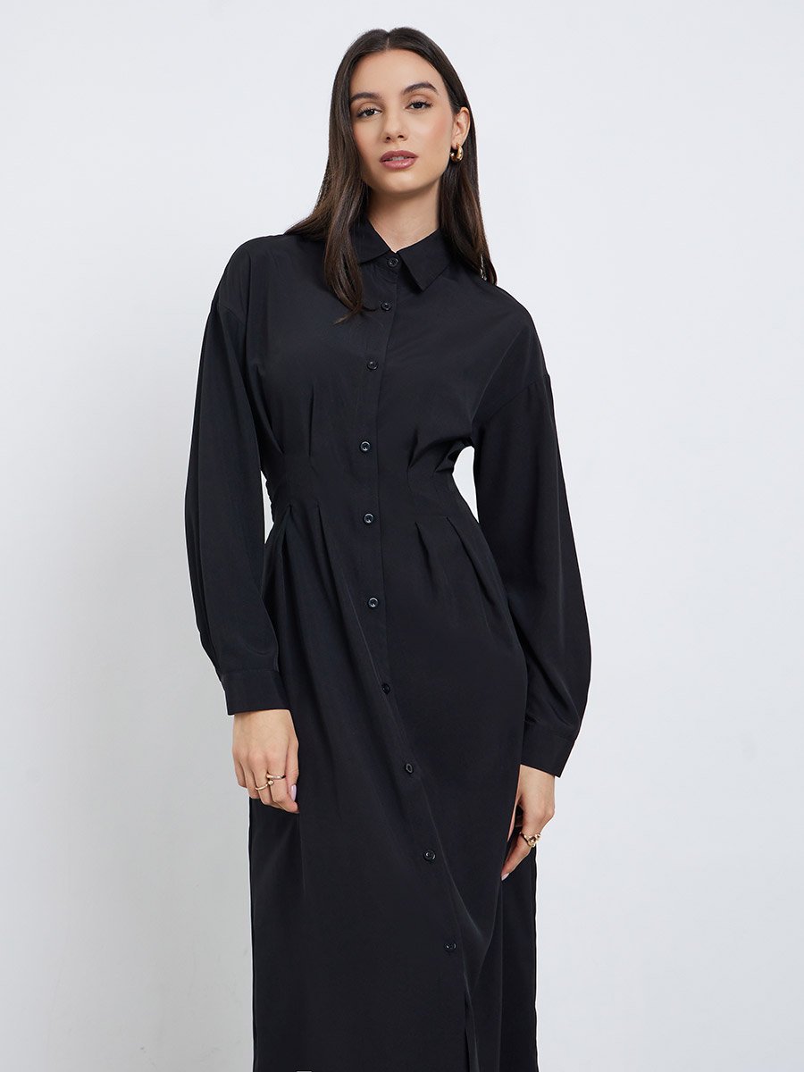 Black Shirt Midi Dress with Buttons