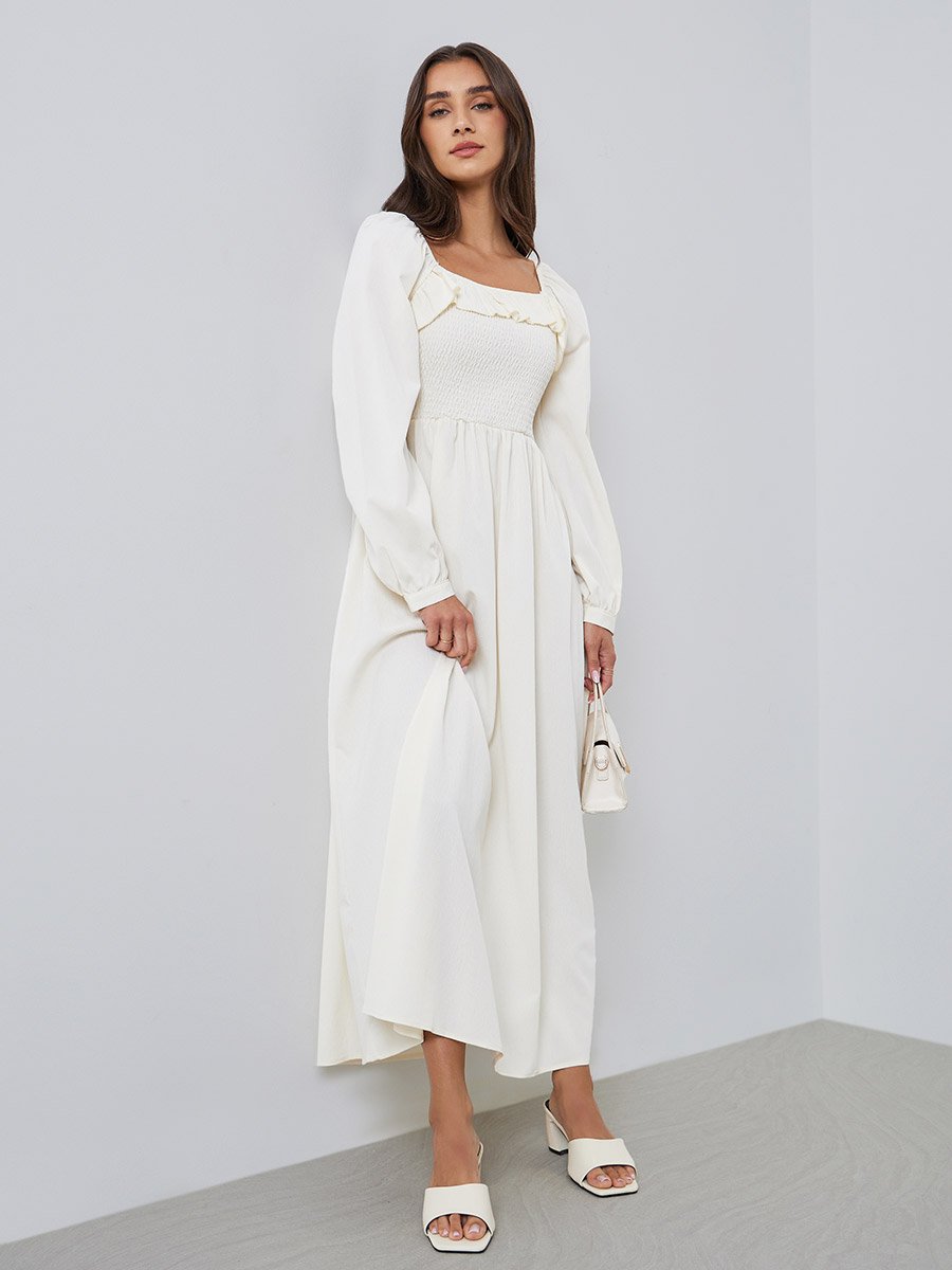 Cream A-Line Maxi Dress with Ruffle Detail For Women at UAE | Styli