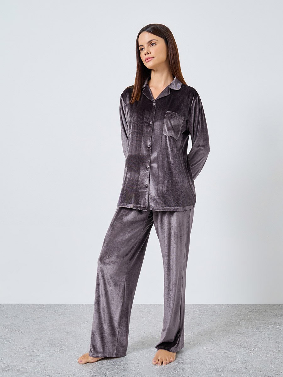 Velvet Button Placket Shirt and Pyjama Set