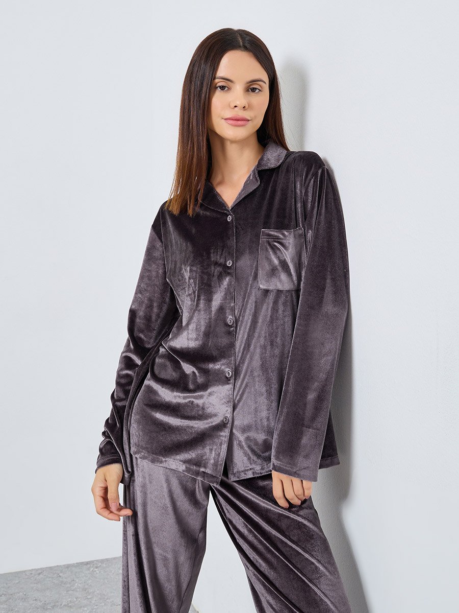 Velvet Button Placket Shirt and Pyjama Set