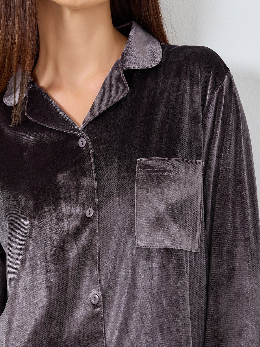 Velvet Button Placket Shirt and Pyjama Set