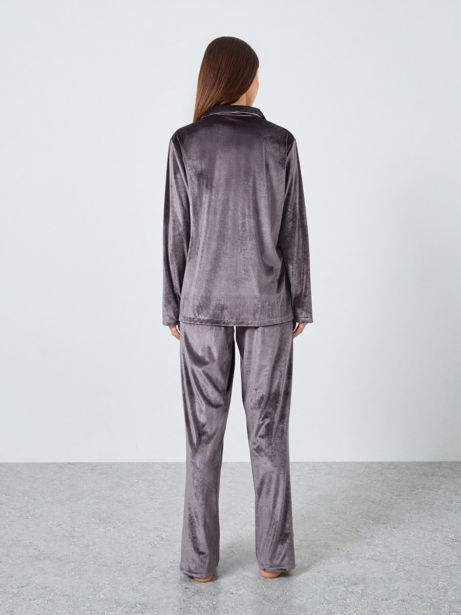 Velvet Button Placket Shirt and Pyjama Set