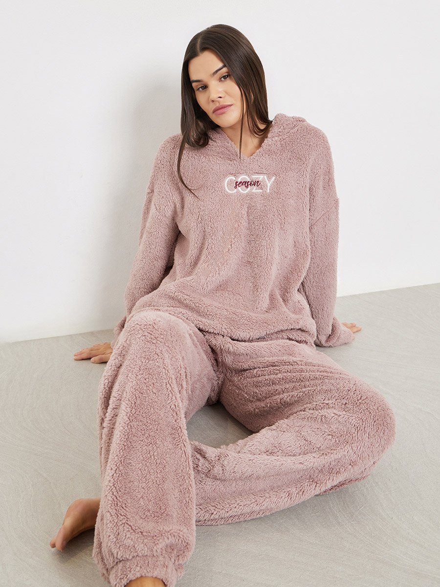 Embroidered Slogan Fleece Hoodie and Joggers Set