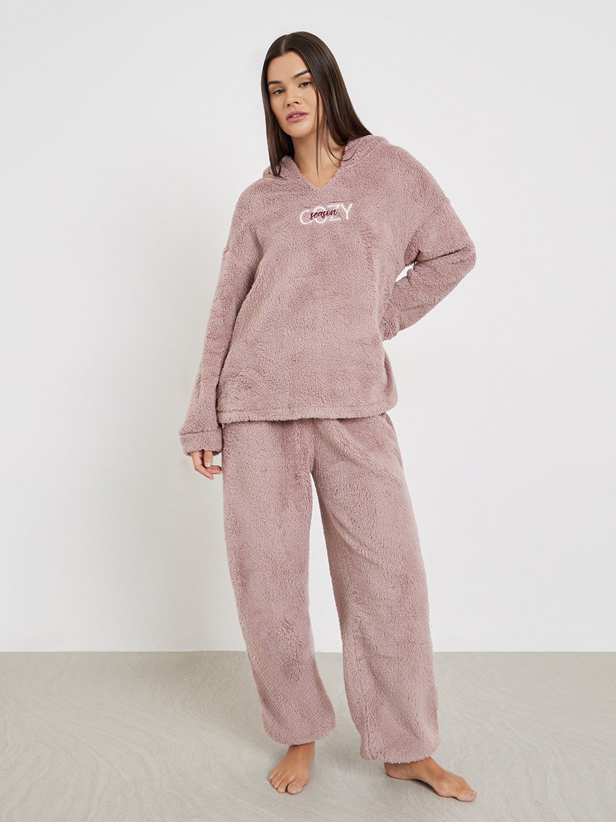 Embroidered Slogan Fleece Hoodie and Joggers Set