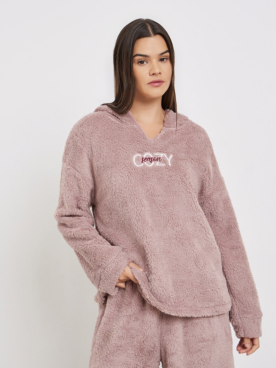Embroidered Slogan Fleece Hoodie and Joggers Set