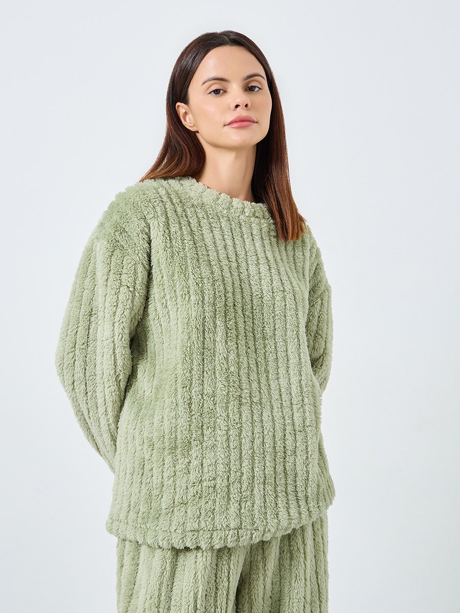 Chunky Rib Fleece Drop Shoulder Top and Pyjama Set