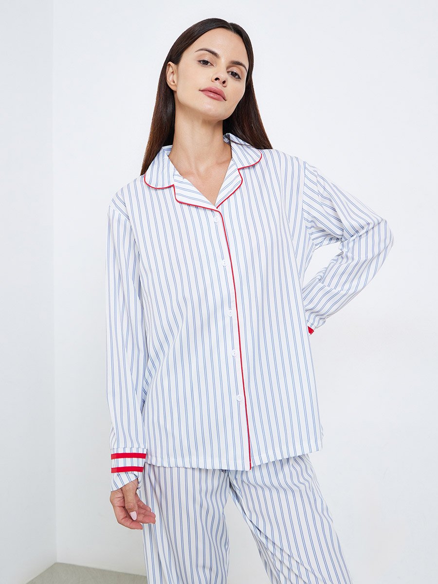 Striped Contrast Trim Piping Shirt and Pyjama Set