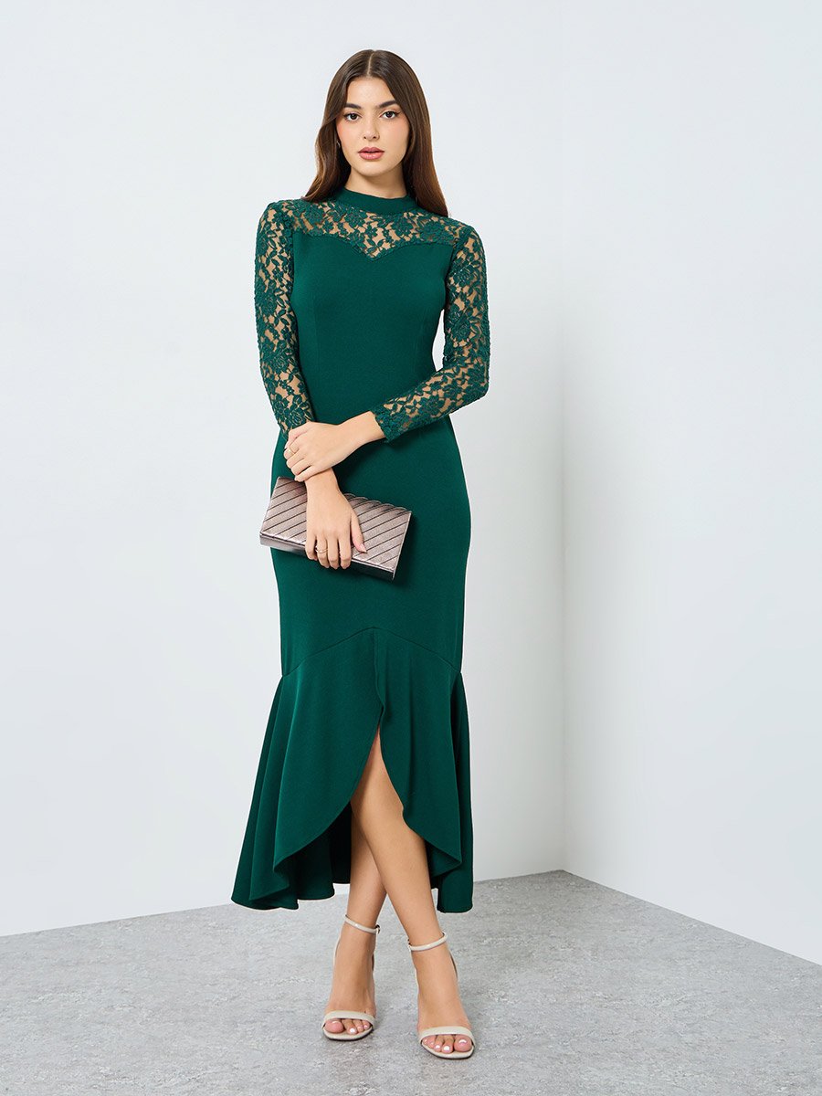 knee length dresses for ladies Black Ruffle Sleeve Mermaid Hem Maternity Midi Dress main image 1
