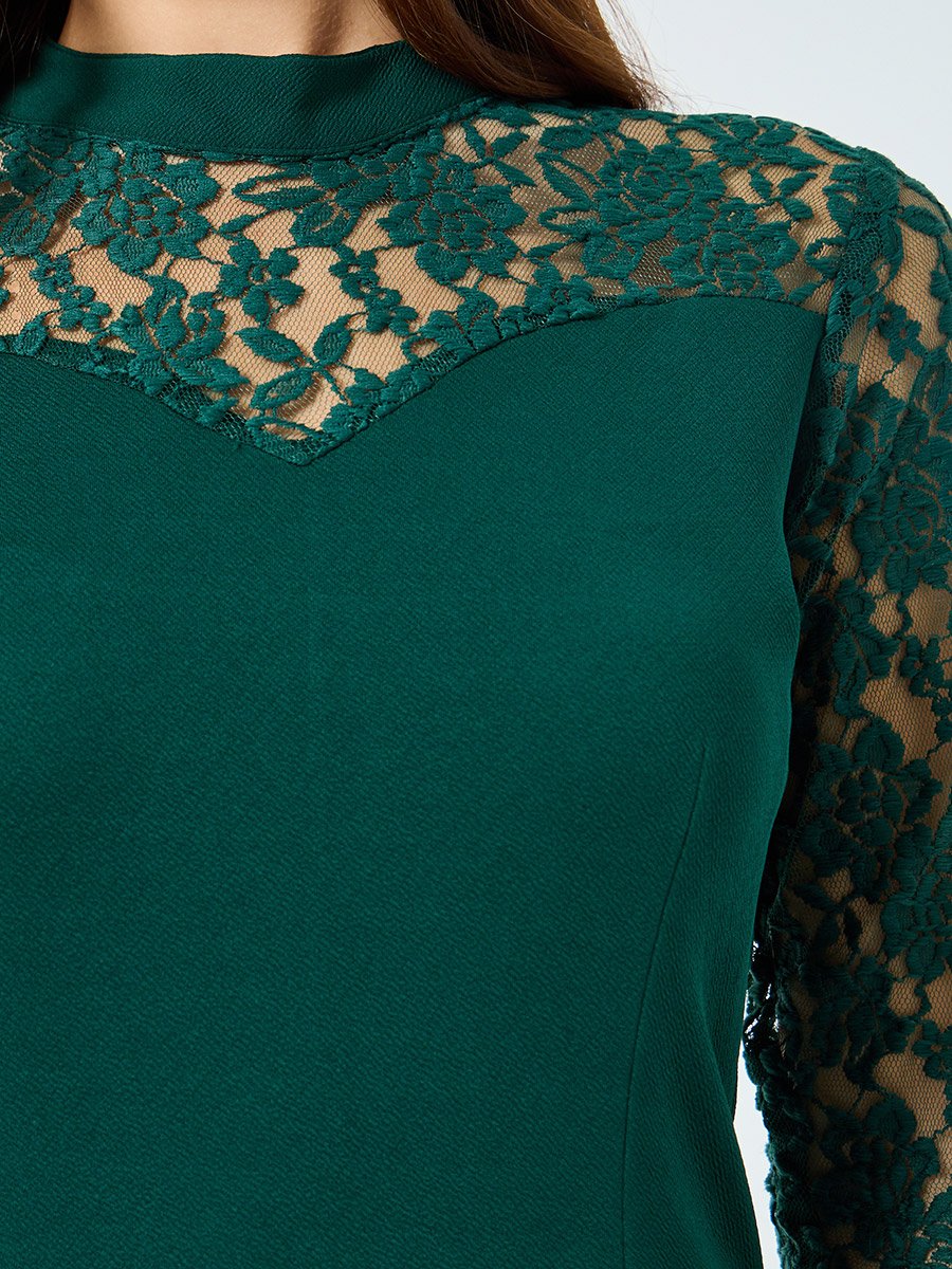 Women Green Lace Sleeve Mermaid Hem Midi Dress