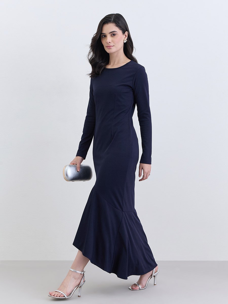 Navy Blue Long Sleeve Mermaid Hem Maxi Dress