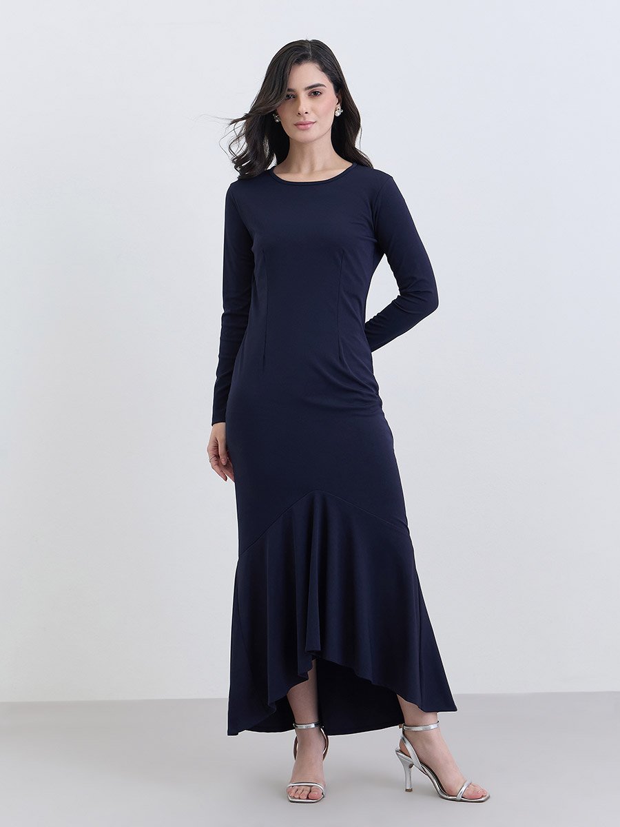 Navy Blue Long Sleeve Mermaid Hem Maxi Dress