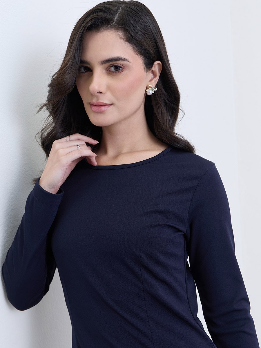Navy Blue Long Sleeve Mermaid Hem Maxi Dress