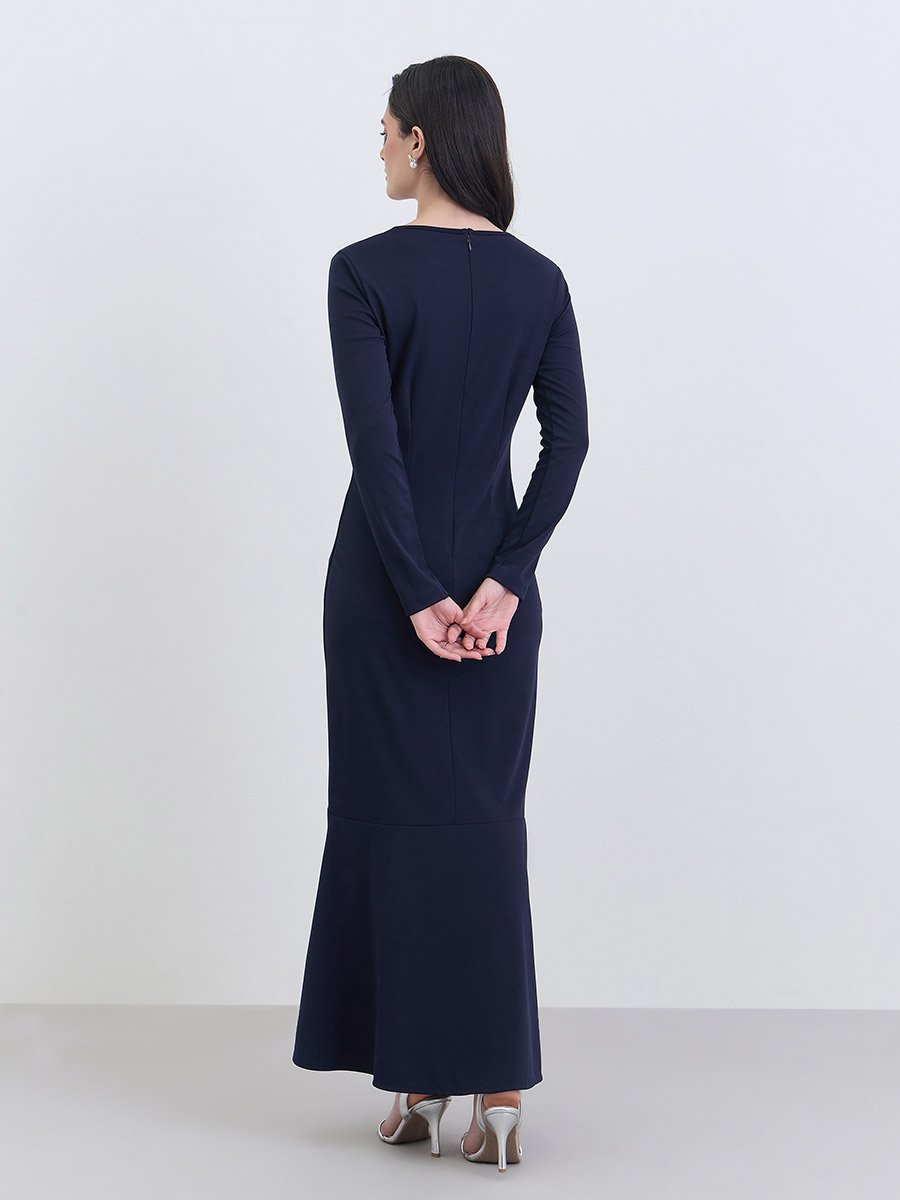 Navy Blue Long Sleeve Mermaid Hem Maxi Dress