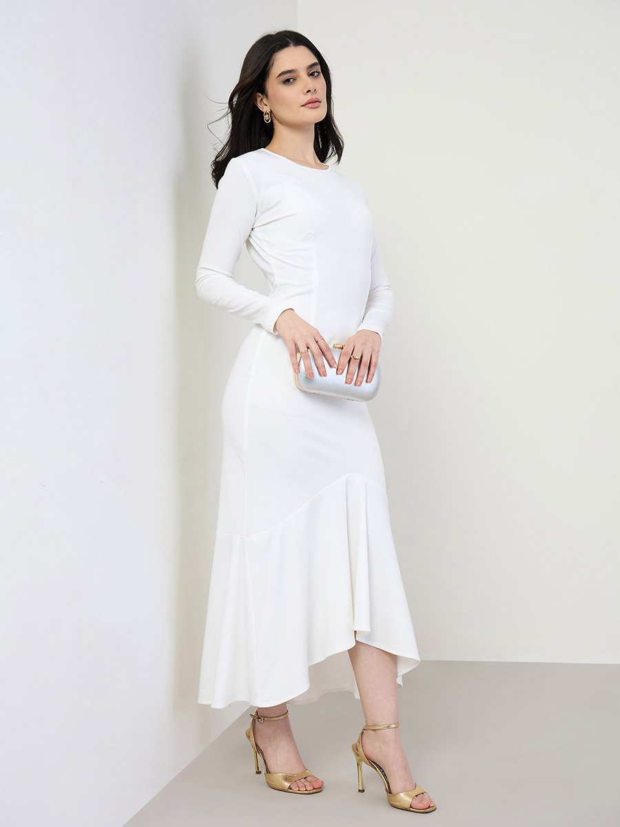 Women White Long Sleeve Mermaid Hem Maxi Dress