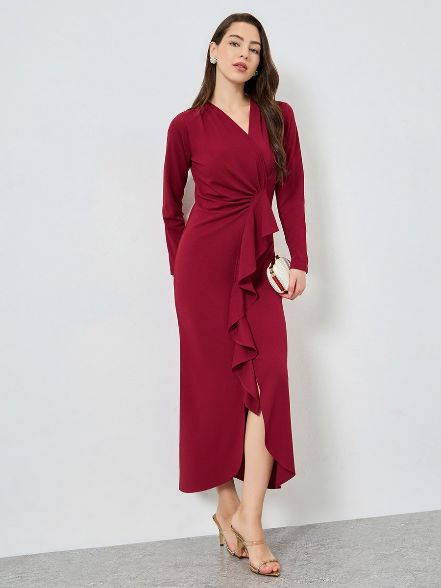 princess polly baby blue dress Long Sleeve Draped Maxi Dress Burgundy