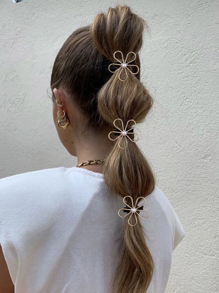 Set of 3 - Flower Shape Faux Pearl Hair Tie