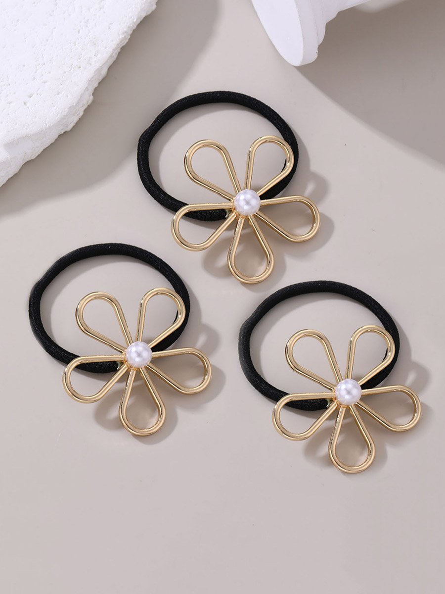 Set of 3 - Flower Shape Faux Pearl Hair Tie