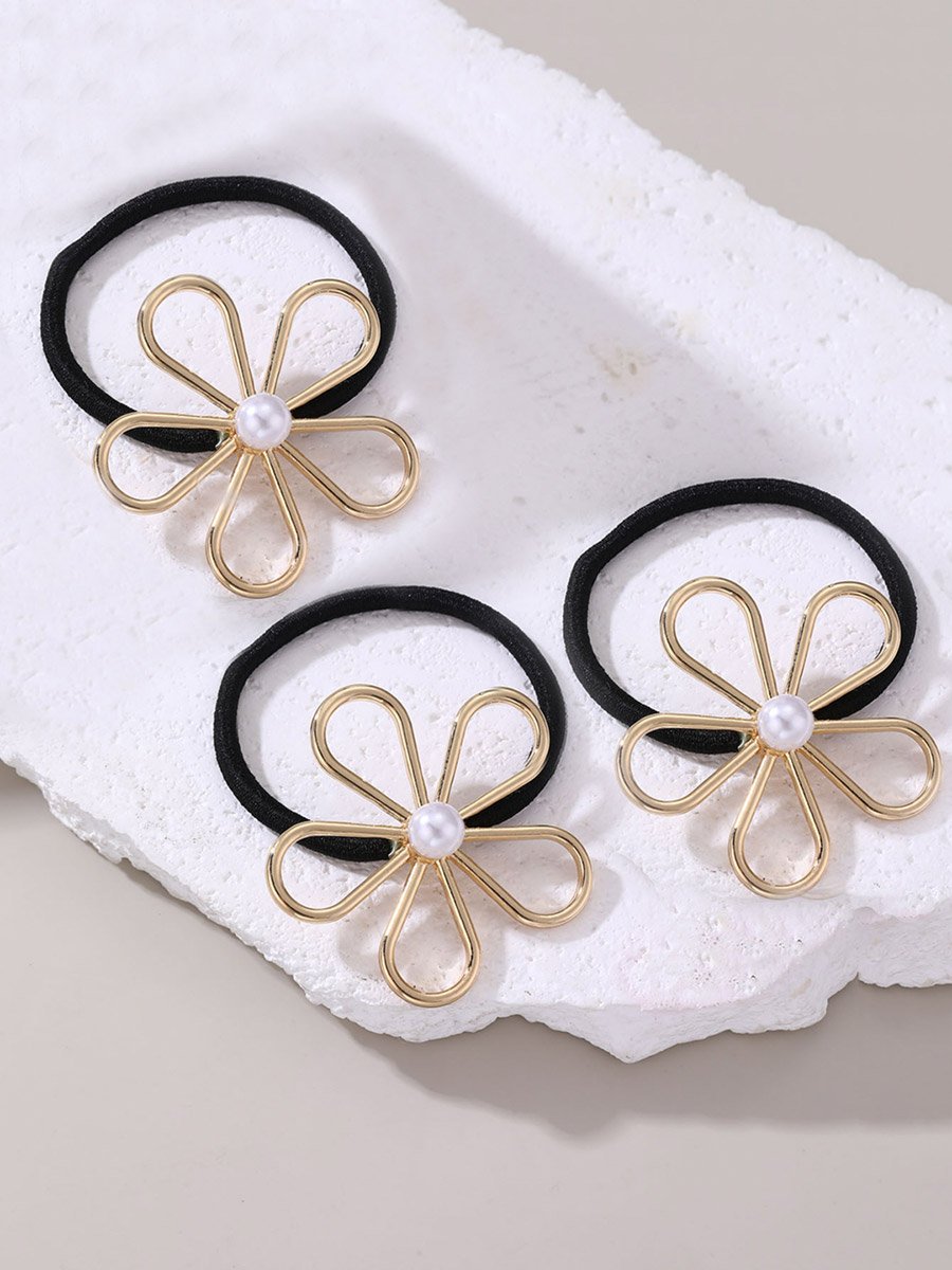 Set of 3 - Flower Shape Faux Pearl Hair Tie