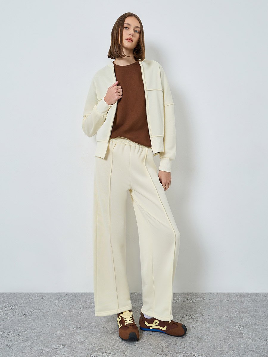 Cream Regular Fit Zip Jacket and Pants Co-ords