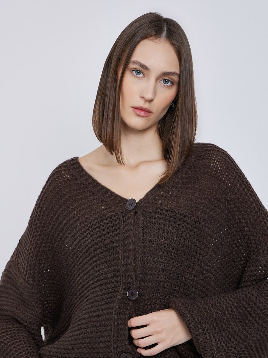 Brown Boxy Fit Chunky Knit Cardigan