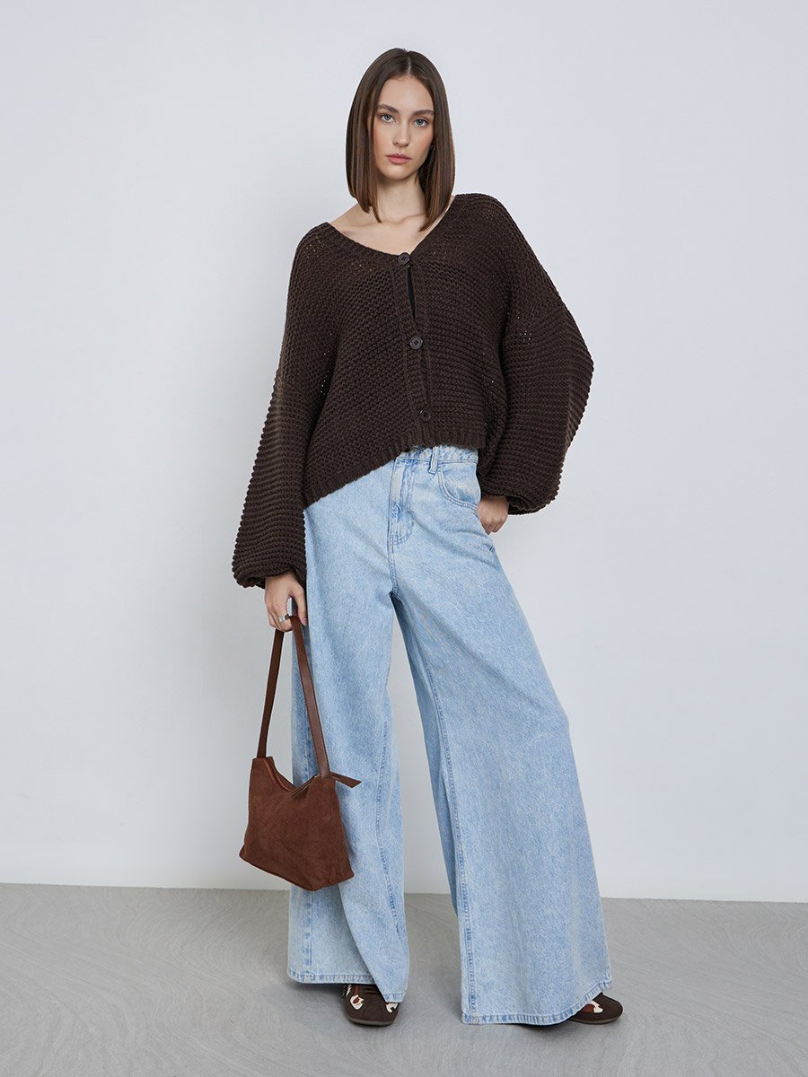 Brown Boxy Fit Chunky Knit Cardigan