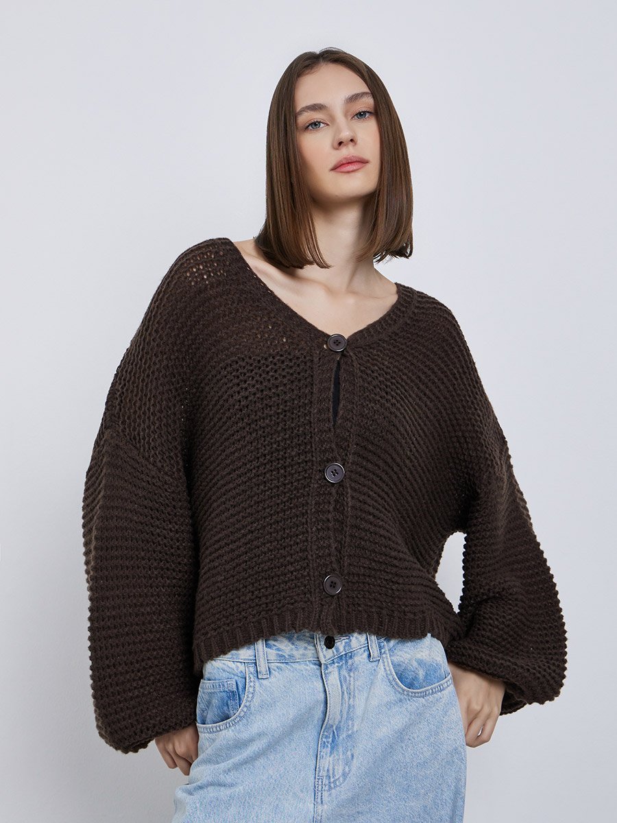 Brown Boxy Fit Chunky Knit Cardigan