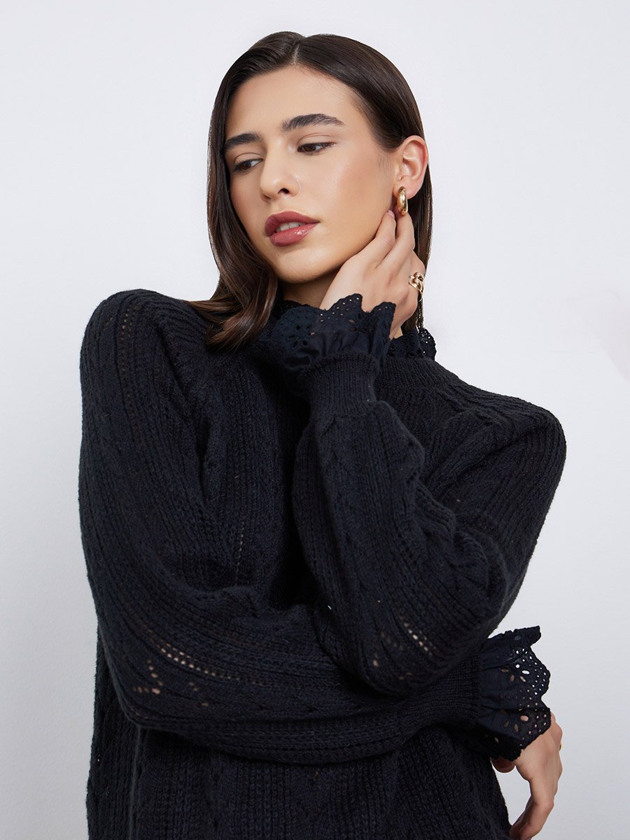Black Regular Fit Ruffle Schiffli Trim Knit Sweater