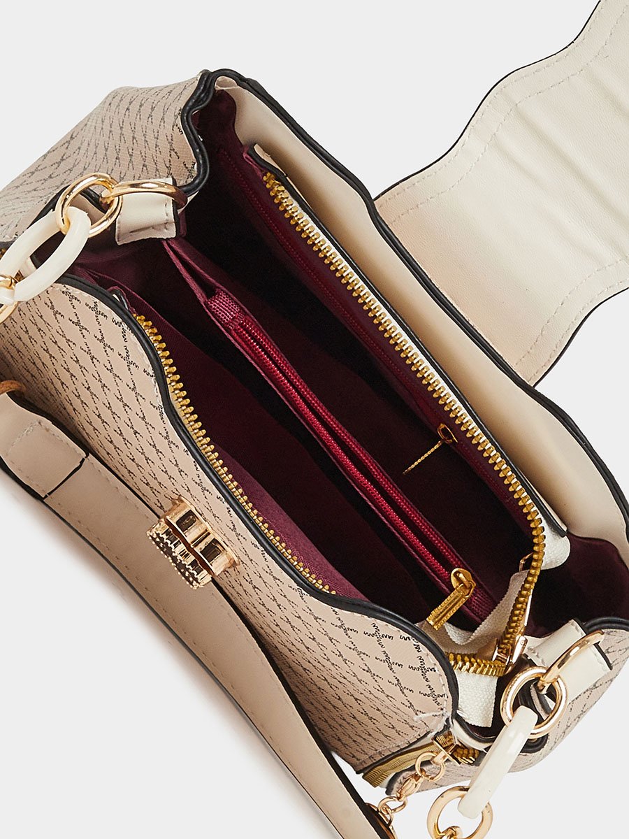 Beige Patterned Shoulder Bag with Zip Detail