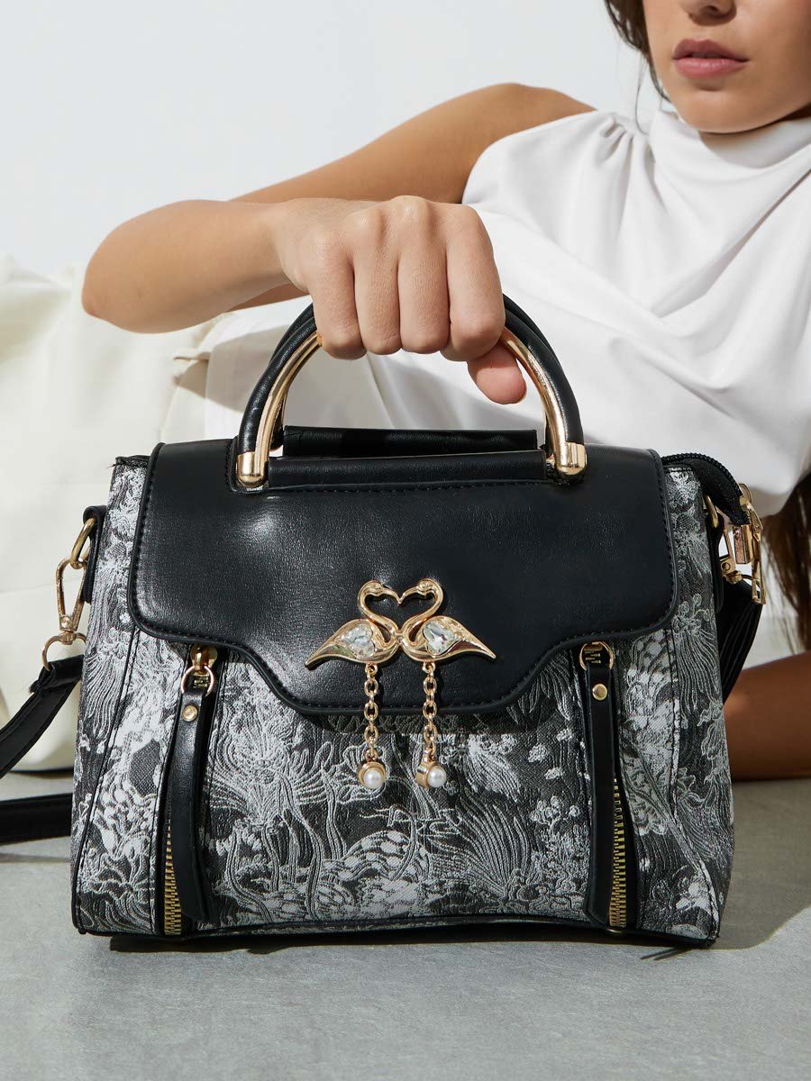 Floral Pattern Handbag with Flap Charm