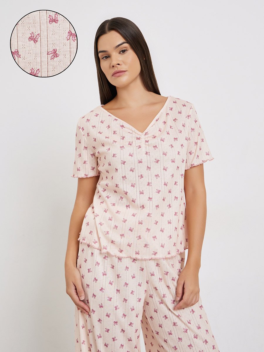 Bow Print Pointelle Dropped Shoulder T-Shirt and Wide Leg Pyjama Set
