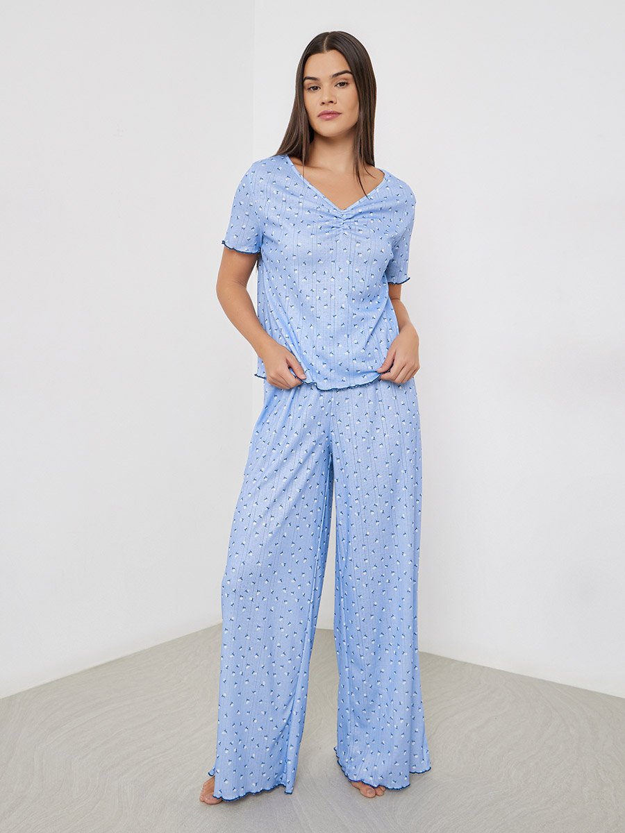 Ditsy Floral Pointelle Dropped Shoulder T-Shirt and Wide Leg Pyjama Set