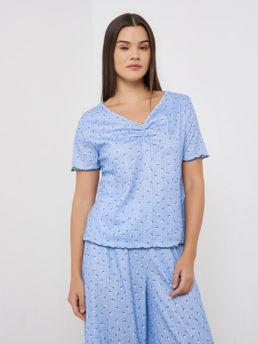 Ditsy Floral Pointelle Dropped Shoulder T-Shirt and Wide Leg Pyjama Set
