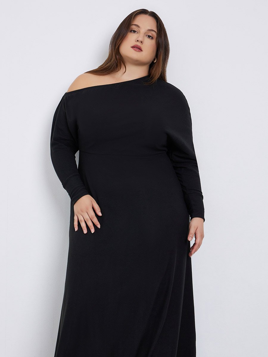 Plus Size Asymmetric Neck Knit Maxi Dress