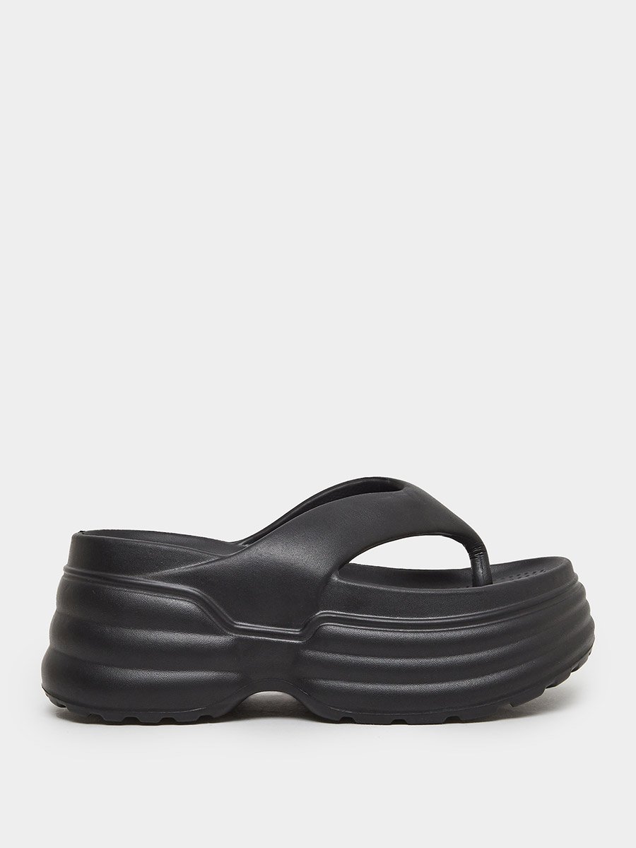Women Black Thong Toe Chunky Heel Slides