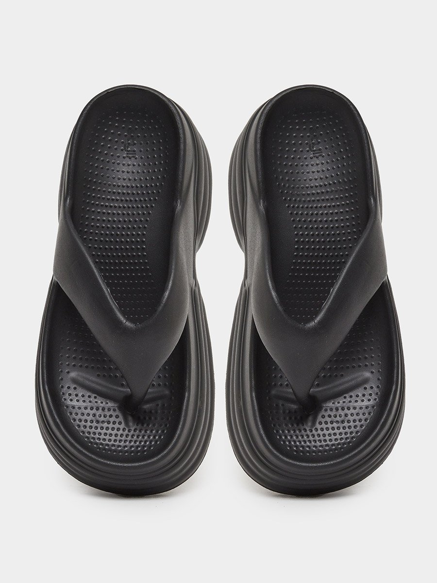 Women Black Thong Toe Chunky Heel Slides