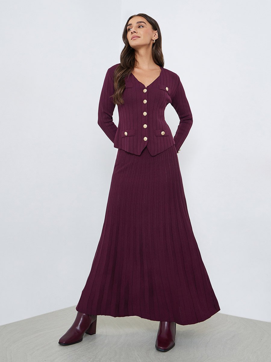 Burgundy Knit Cardigan and Pleated Skirt Co-ords For Women at UAE | Styli