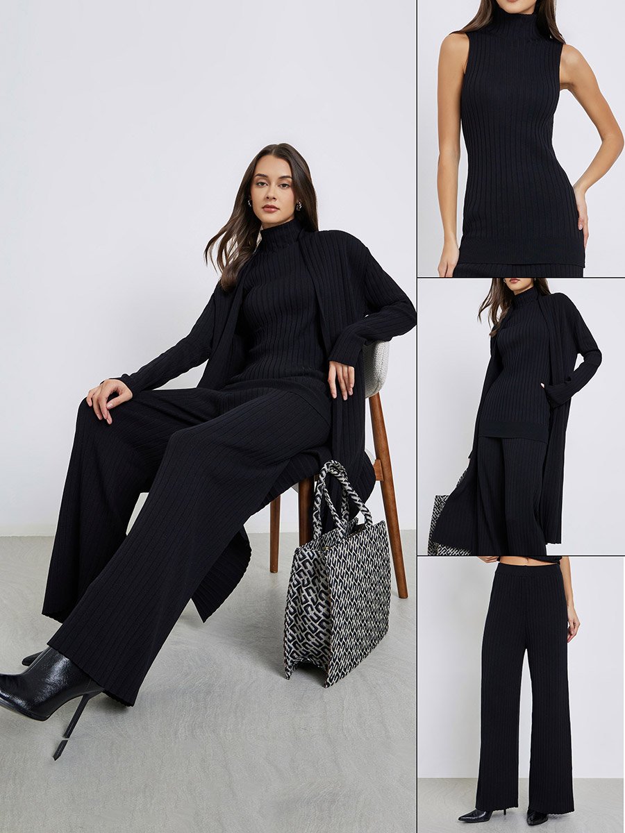 Set of 3 - Ribbed Knit Top, Cardigan and Pants