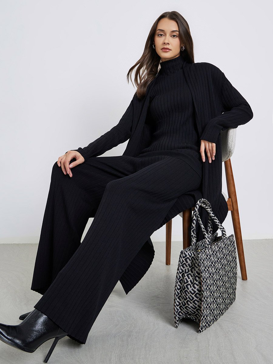 Set of 3 - Ribbed Knit Top, Cardigan and Pants
