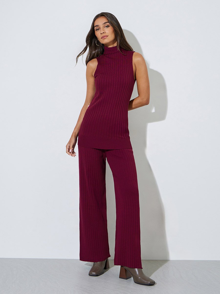 Set of 3 - Ribbed Knit Top, Cardigan and Pants