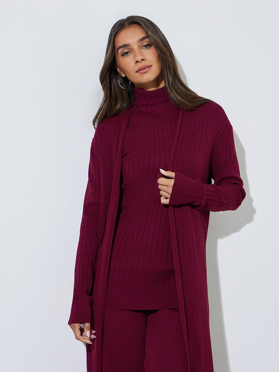 Set of 3 - Ribbed Knit Top, Cardigan and Pants